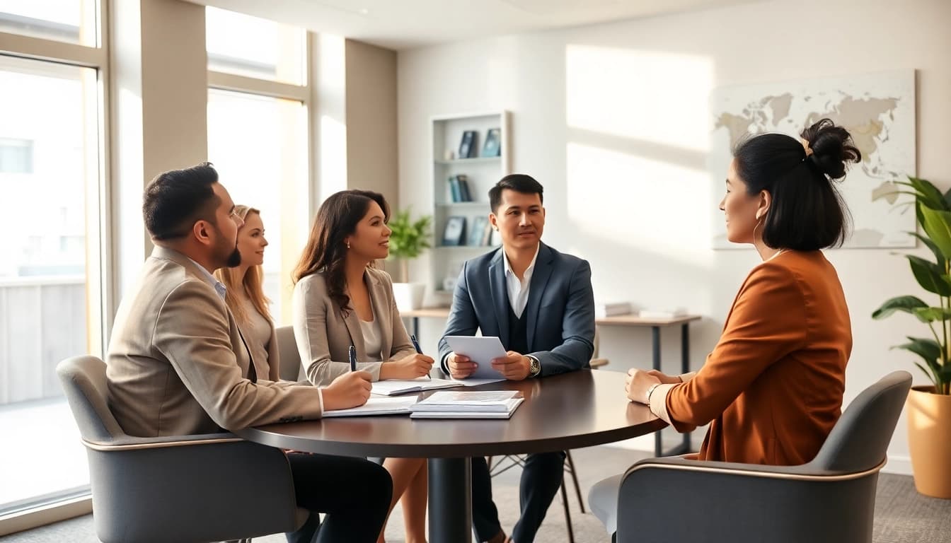 Friendly migration agent Melbourne office with diverse team consulting clients.