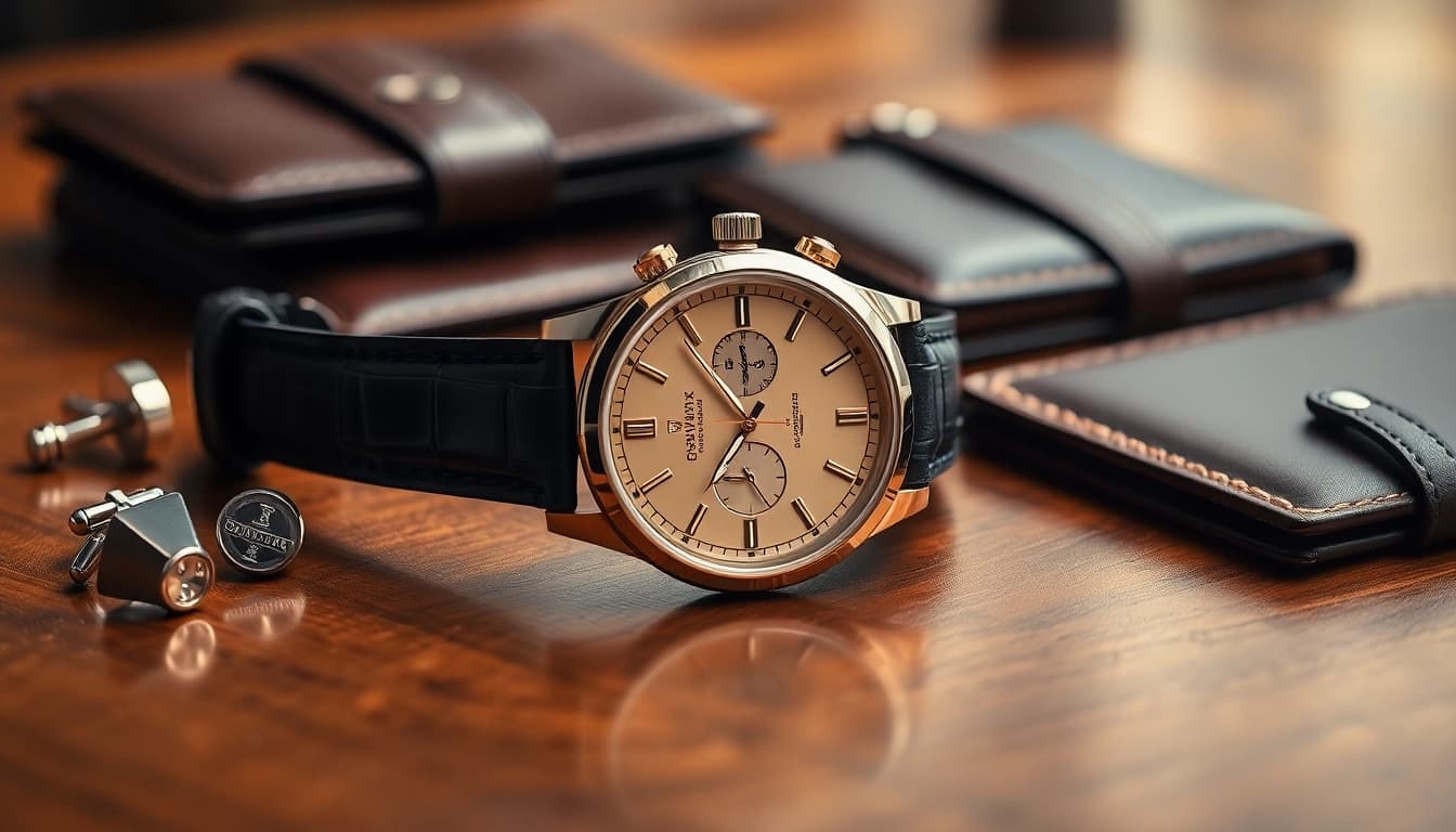 Admiring a replica watch with intricate details on a wooden table, complemented by luxury items.