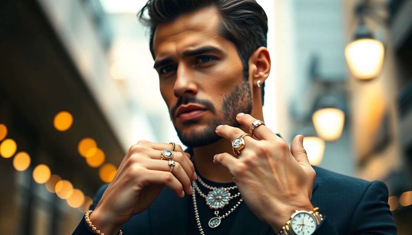 Elegant display of Men’s jewelry on a sophisticated man exuding confidence and style.