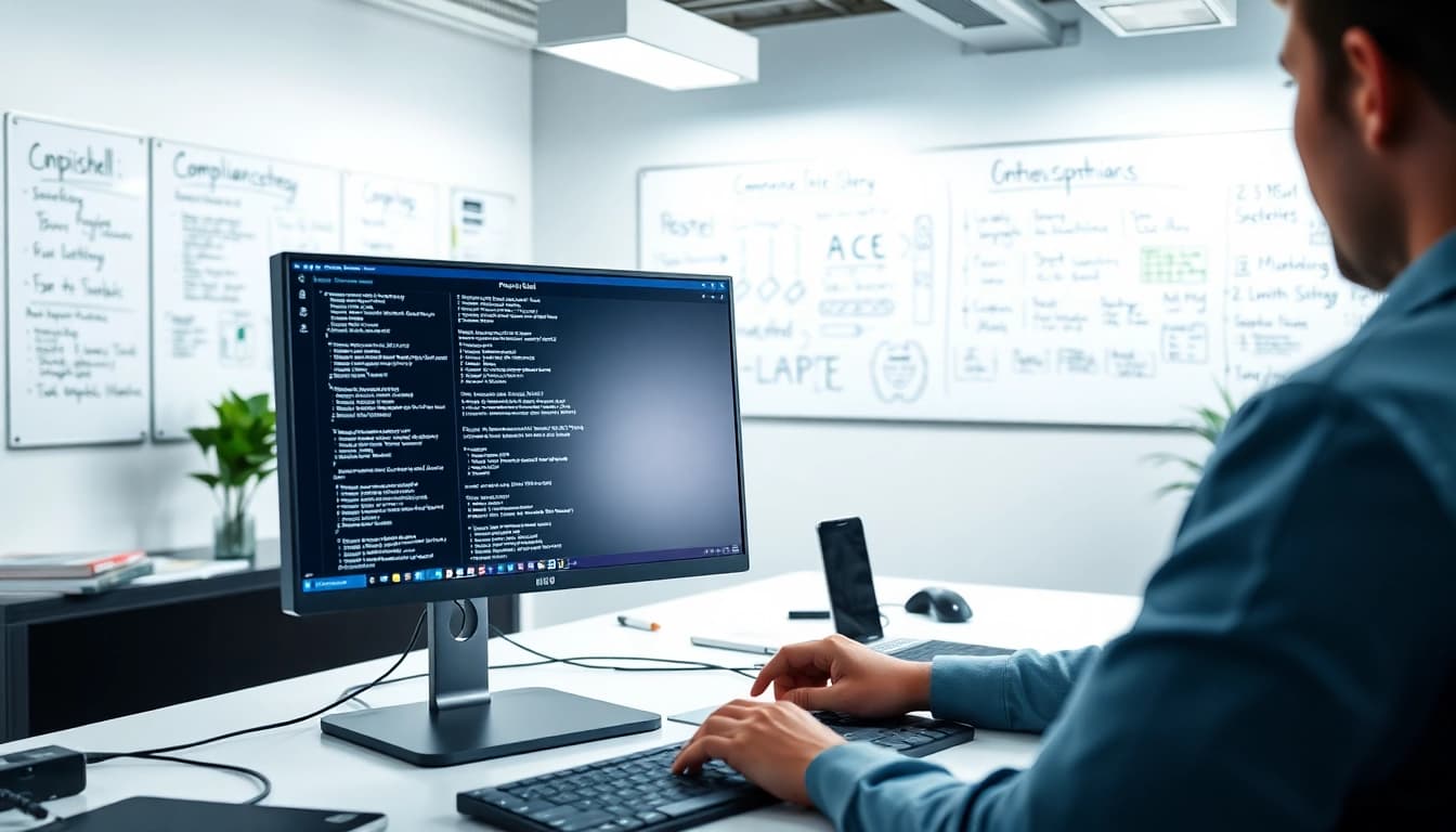 Implement PowerShell automation for IT compliance with a technician working on a computer in a modern office.
