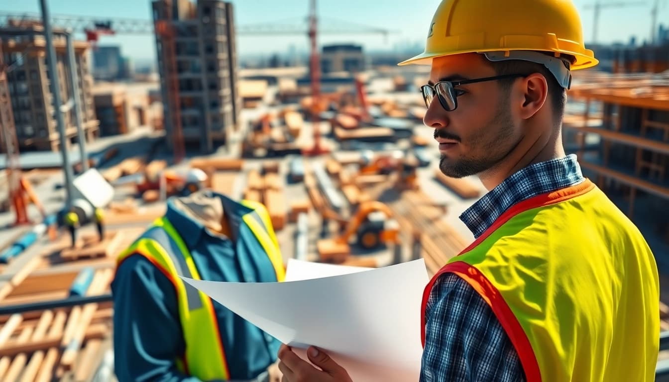 Contractor reviewing plans at a construction site as a New York Commercial General Contractor.