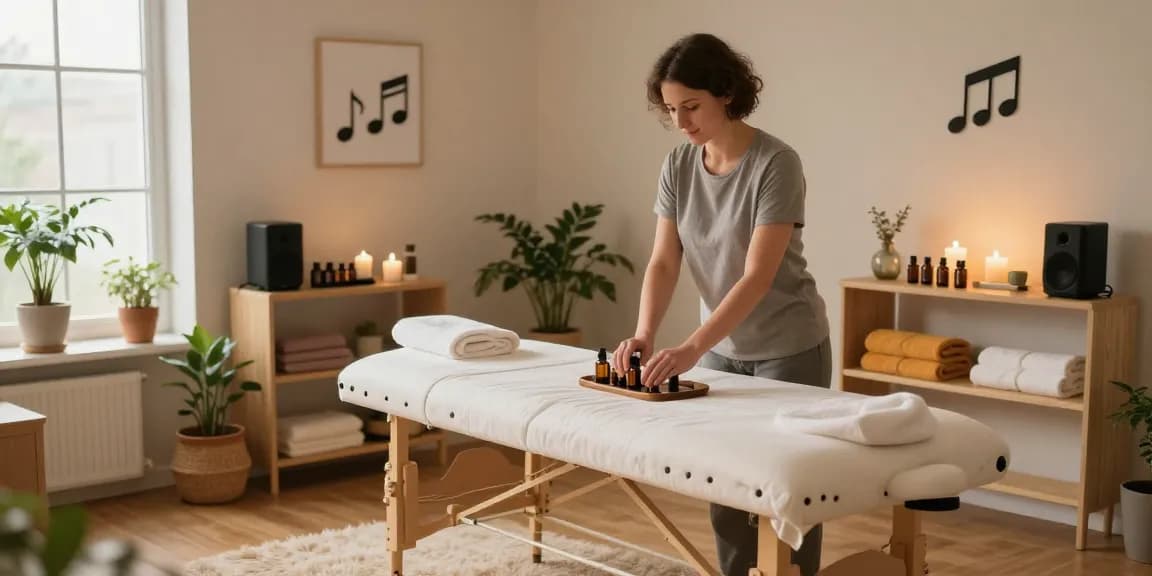 Relaxation environment at makangs.com/region/국내/서울-/마사지-스웨디시 featuring tranquil Swedish massage studio with therapist preparing for a session.
