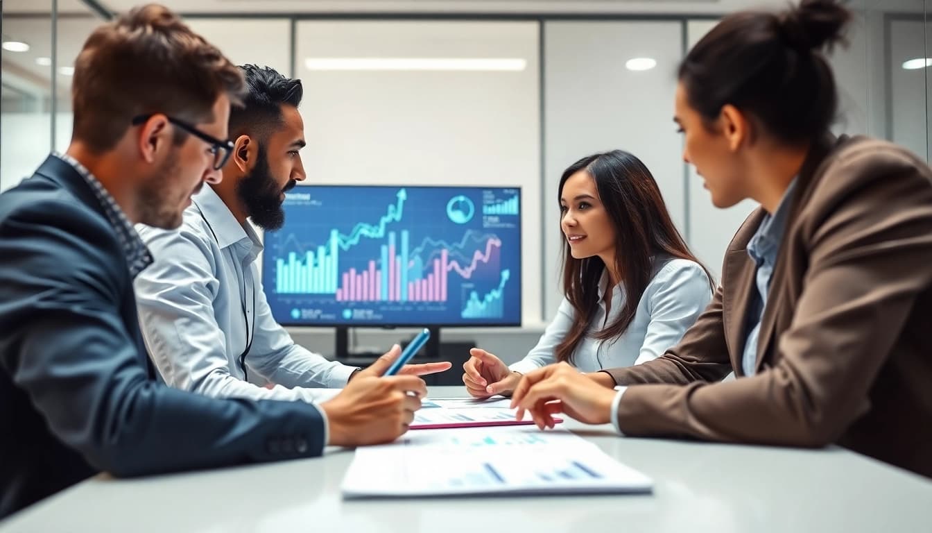 B2B competitive intelligence analysis session with professionals reviewing market data insights.