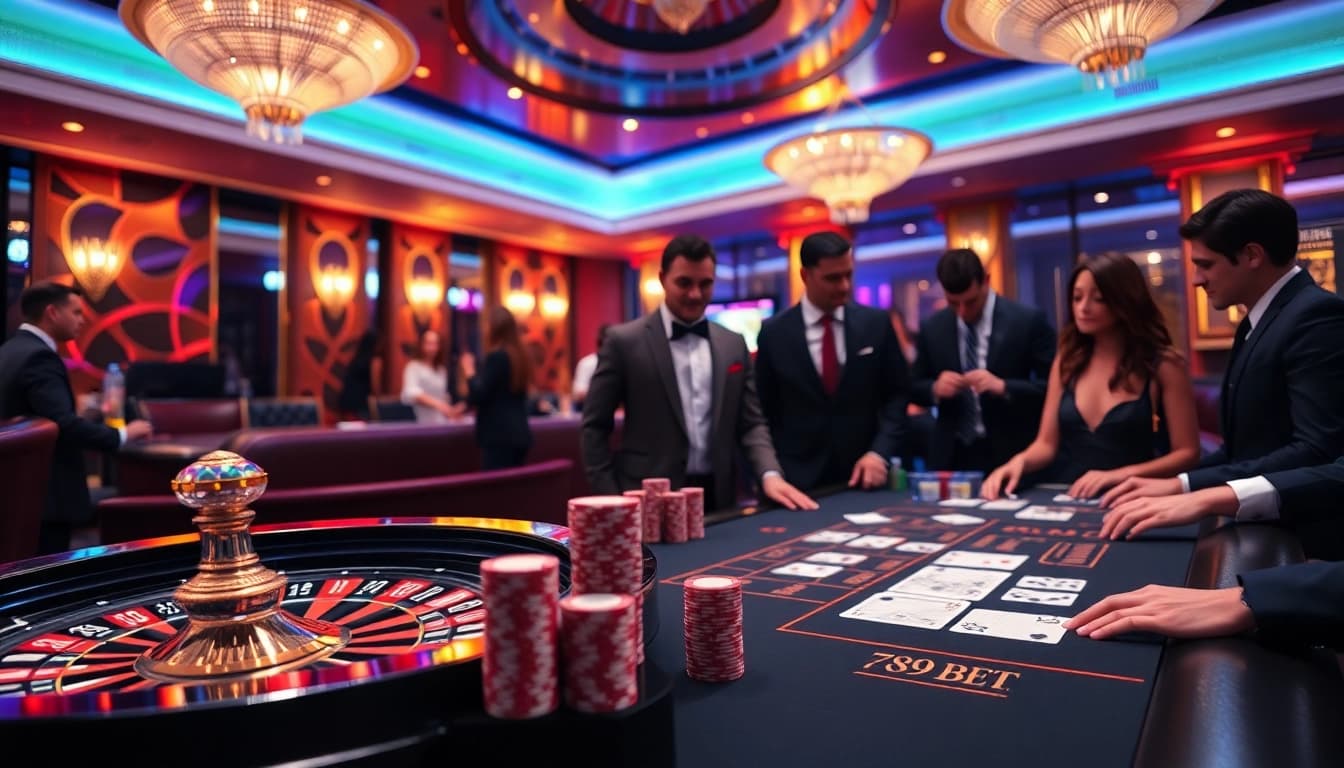Experience the excitement of 789 BET with a vibrant casino scene showcasing roulette and poker tables.