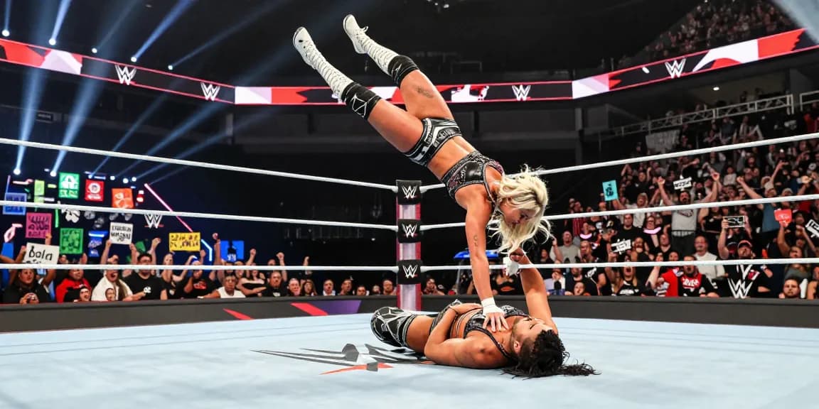 Alexa Bliss executing a high-flying wrestling move in the WWE arena, showcasing her athleticism and the vibrant crowd.