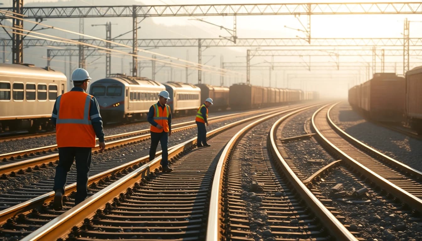 Inspectors examining the Track Inspection thoroughly in a train yard.