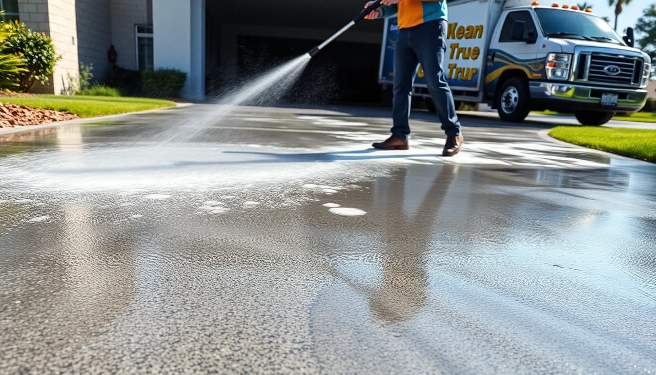 Concrete cleaning at a residential driveway, showcasing before and after results of professional pressure washing.