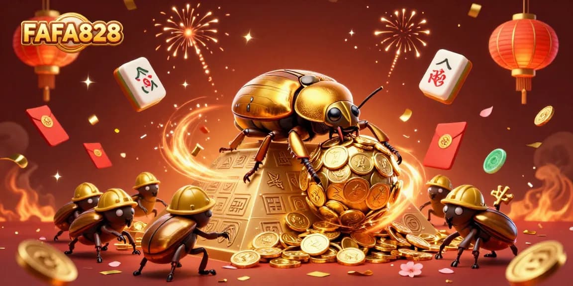 Experience the excitement of FAFA828 in a vibrant casino-themed 3D illustration filled with golden coins and dynamic elements.