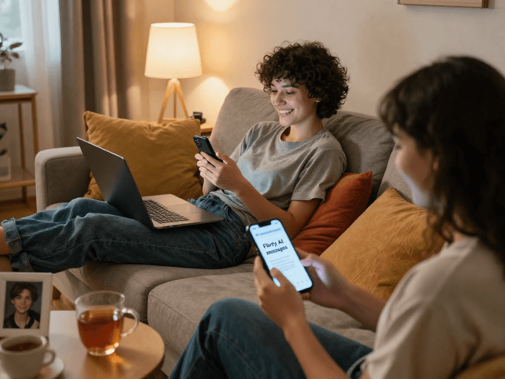 Couple engaging in sexting AI conversation on smartphones in cozy home settings.