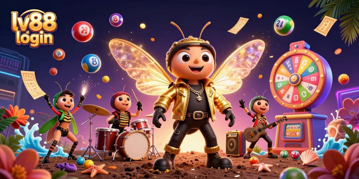 Experience lv88 login with a vibrant 3D scene of a cicada rock star and game elements.
