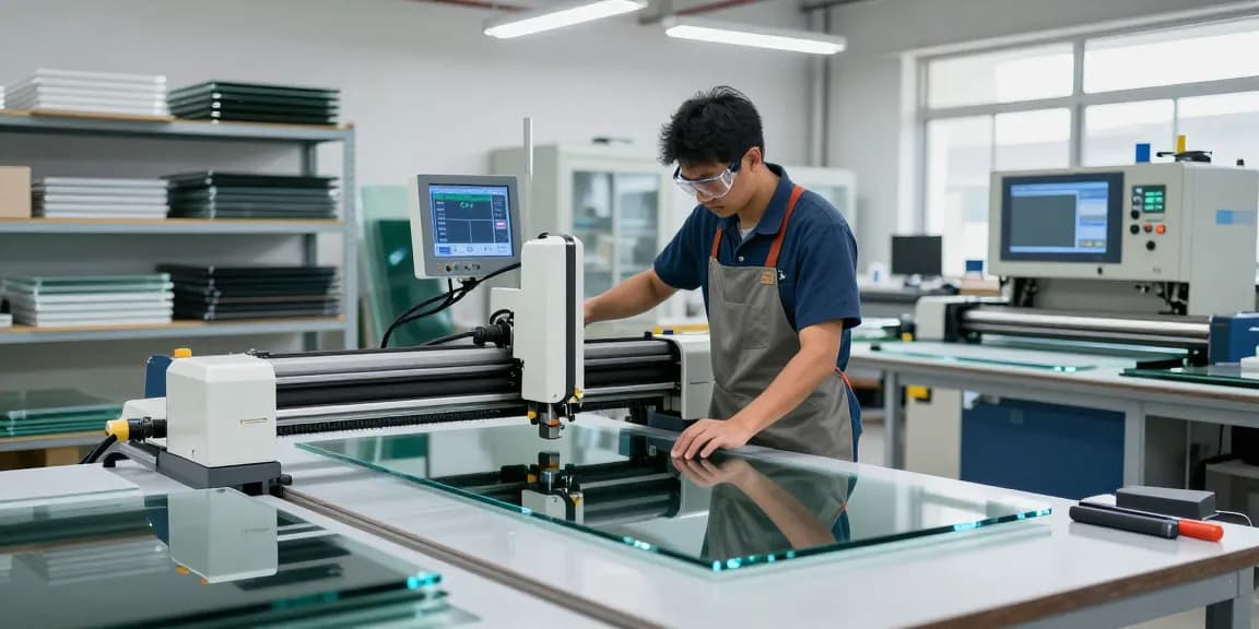 Technician operating a cutting machine glass in a modern industrial workshop, showcasing precision and technology.