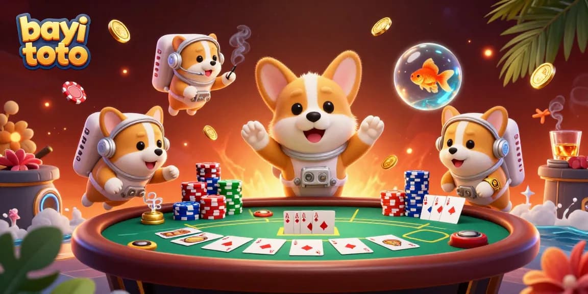 Bayi toto makes waves with a playful astronaut corgi and casino fun in zero gravity.
