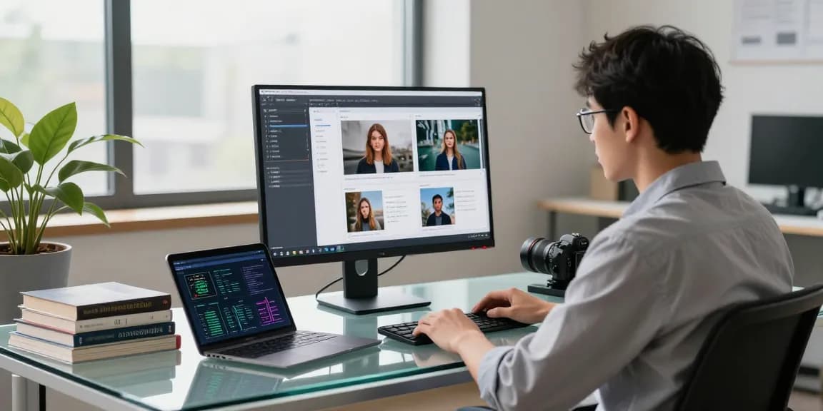 Data scientist using an AI image detector with analysis results on a monitor in a modern workspace.