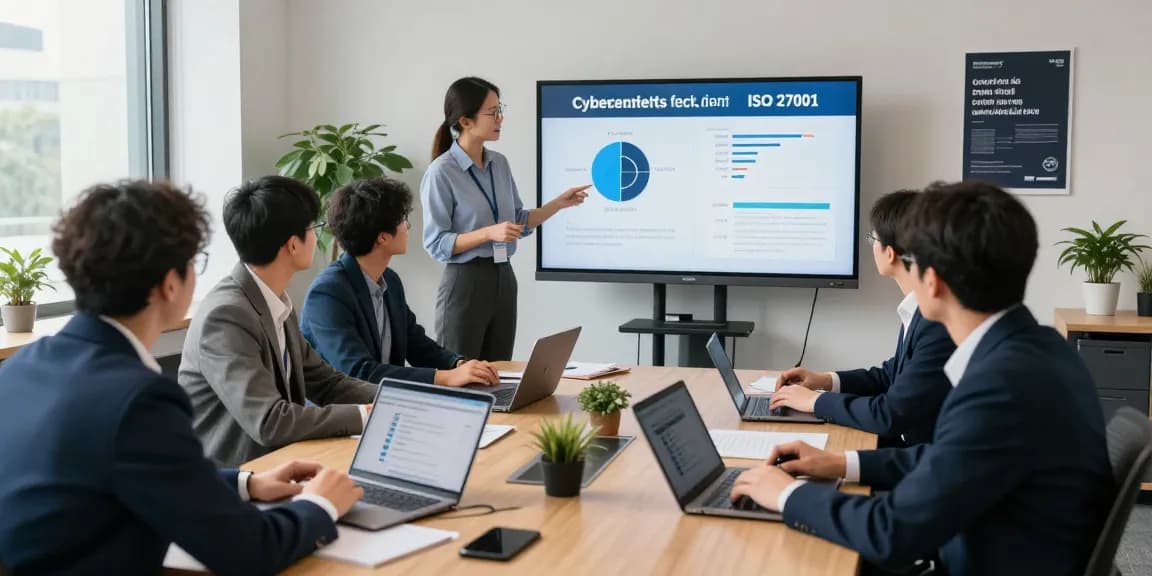 Team discussing cyber essentials vs iso 27001 in a modern office, highlighting cybersecurity strategies and certification differences.