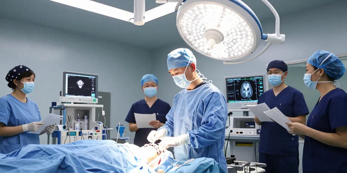 Beyin ameliyatı preparation in a modern surgical room with a neurosurgeon and medical team focused on patient care.