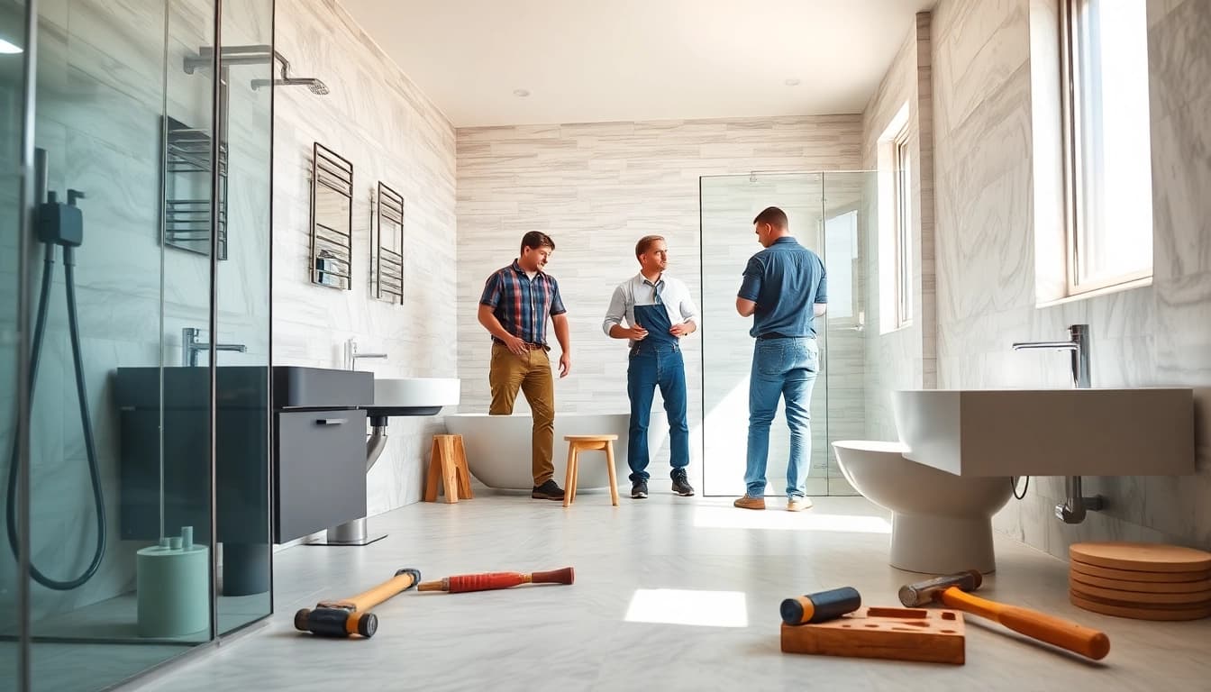Experienced bathroom renovation contractors near me showcasing skills in a modern bathroom setting.