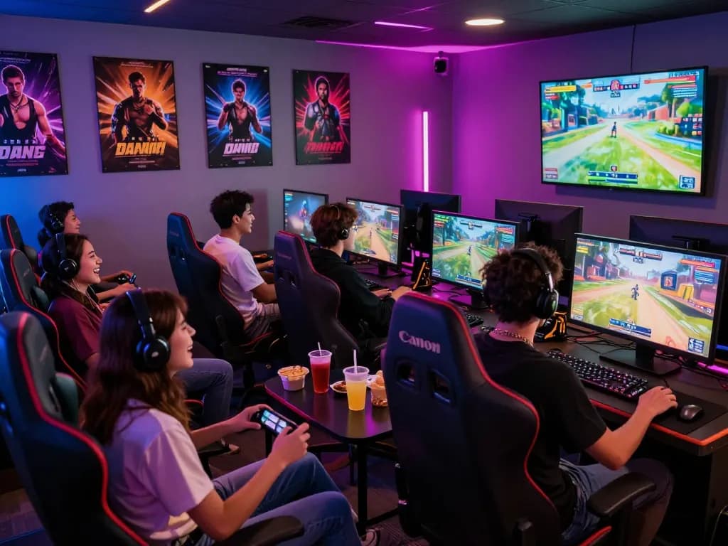 Group enjoying real porn games in a vibrant gaming lounge setting.