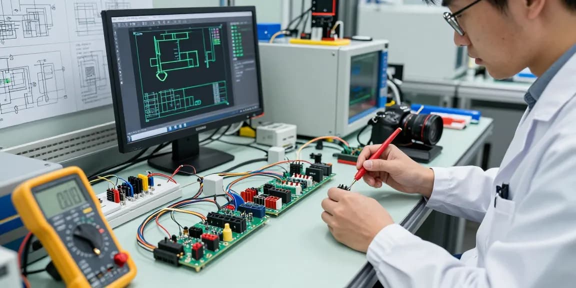 Engineer inspecting wire connectors terminals on assembly table in electronics workspace