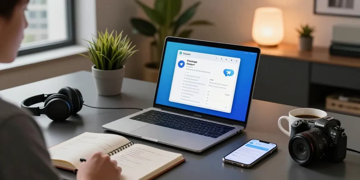 Active user on Telegram中文 messaging platform in a modern workspace with ambient lighting.