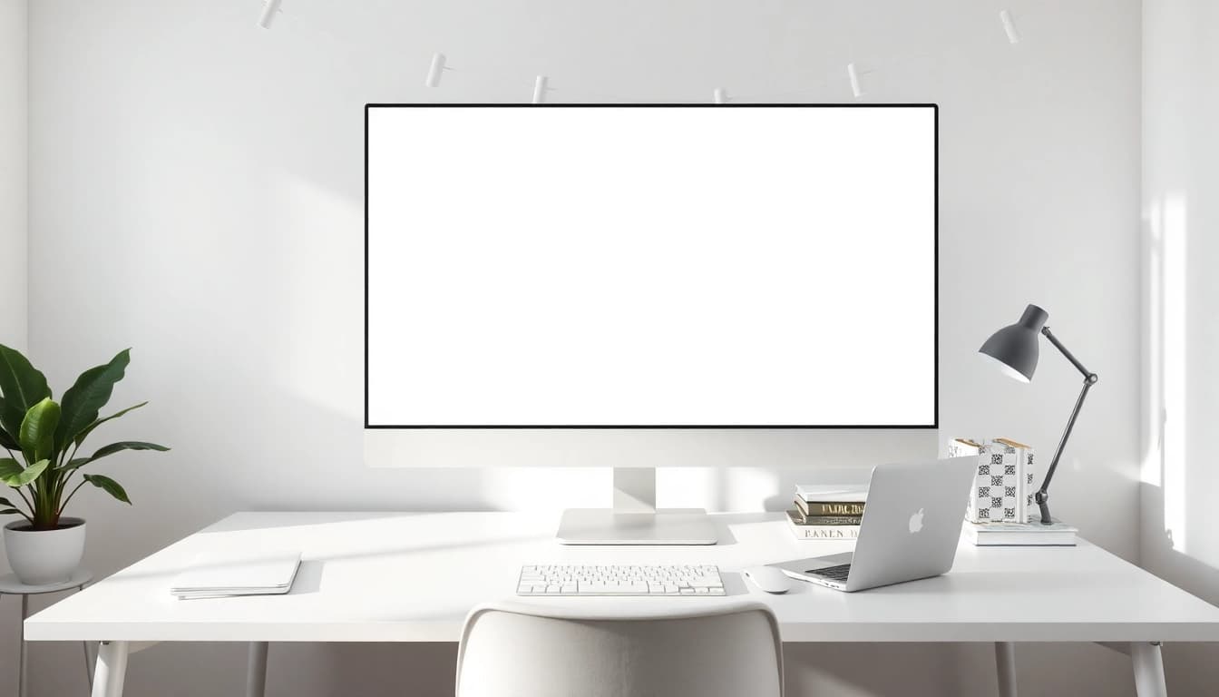 Clean home office with tela branca on screen for better focus and lighting