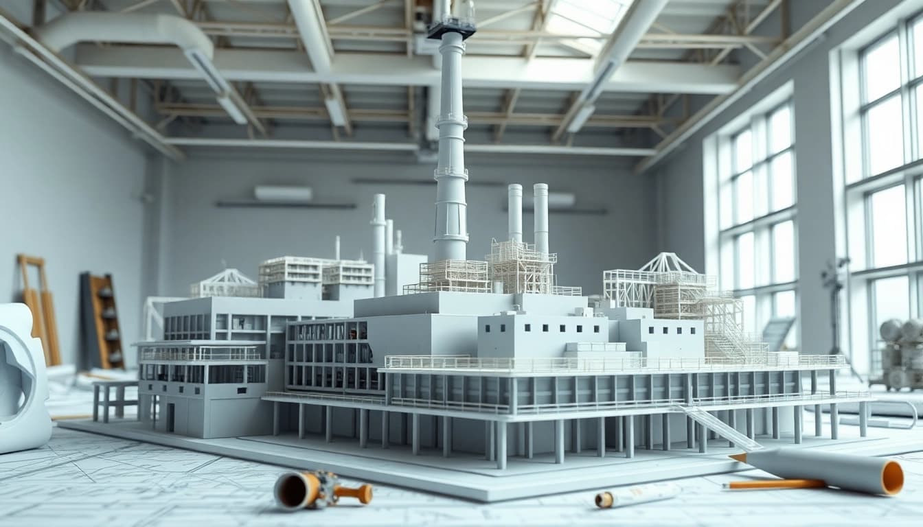 Industriemodellbau zeigt ein detailliertes architektonisches Modell eines Industriekomplexes