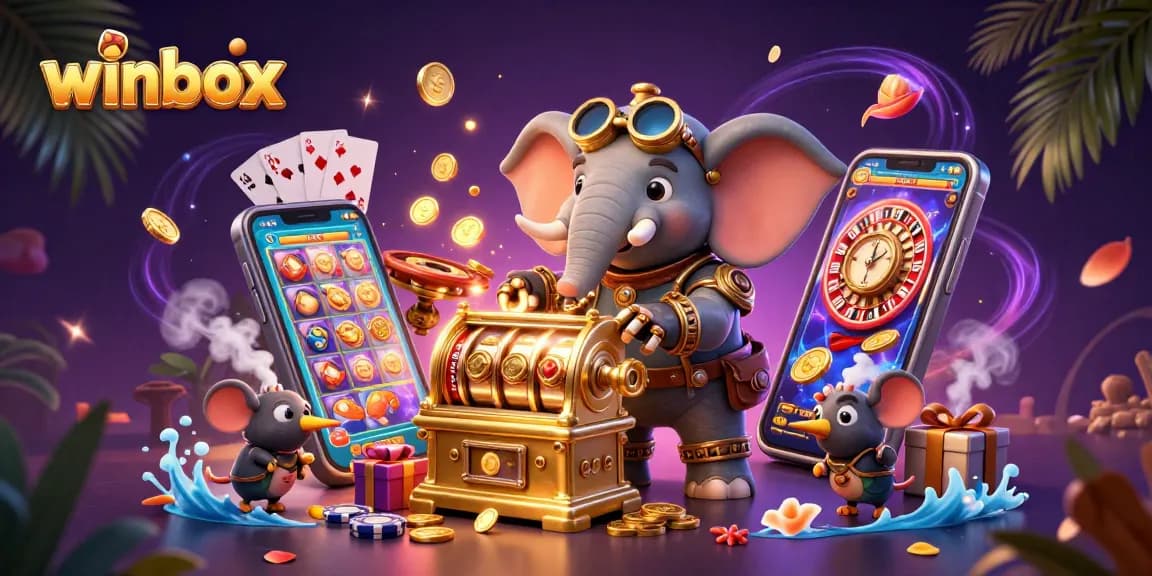 winbox encourages excitement with a steampunk elephant at a vibrant slot machine, surrounded by rewards