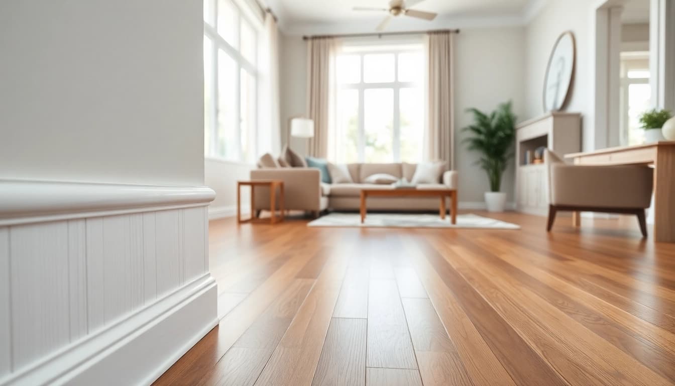 Enhance your space with beautiful baseboards featured in a modern living room setting.