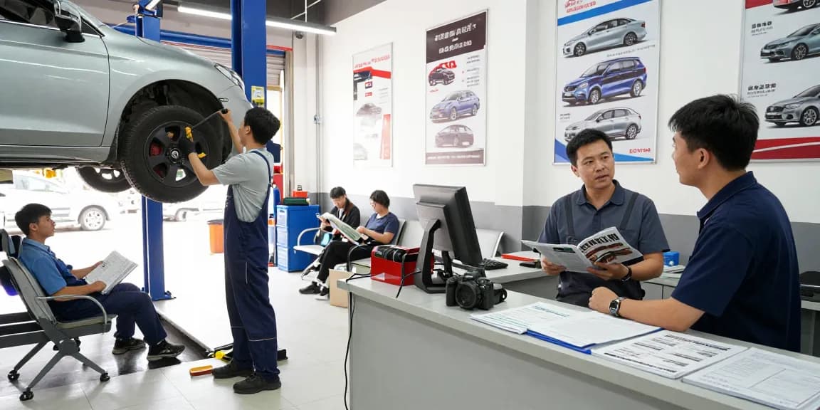 Find auto repair services in a busy automotive service center, showcasing skilled mechanics and customer interaction.