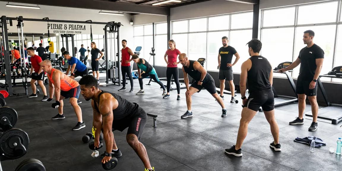 Official Prime Pharma Steroid Shop gym scene with diverse athletes training in an energetic fitness environment.