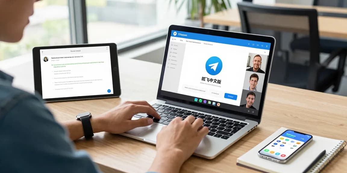 Person using 纸飞机中文版 on a laptop in a modern workspace, showcasing seamless connectivity and communication.