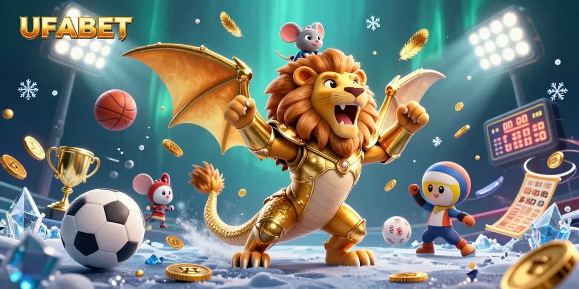 Win big with UFABET in this action-packed casino illustration featuring vibrant sports elements and a heroic character.