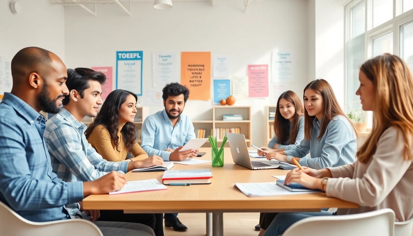 TOEFL test takers for hire collaborating in a bright study room.
