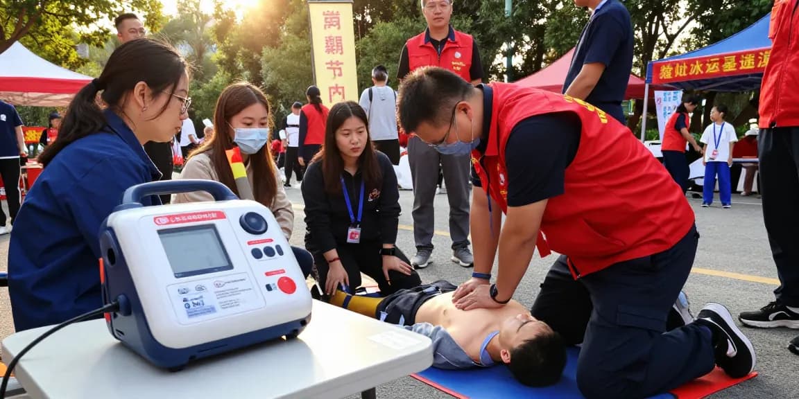 AED心臟去顫器 being used in an emergency scene with CPR being performed outdoors, showcasing the importance of immediate medical response.