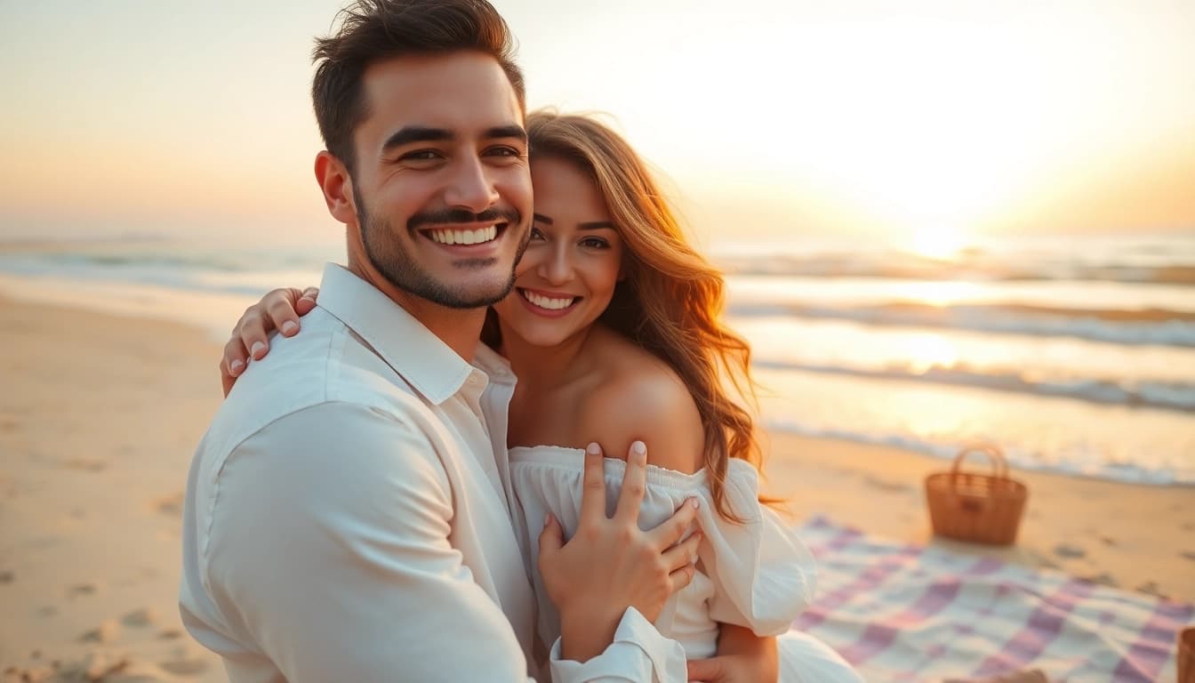 Couple enjoying light & airy photography on a beach at sunset, embracing with joyful expressions.