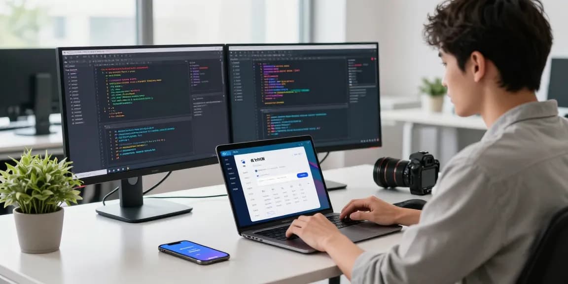 Developer working on the 纸飞机中文版 app in a bright modern workspace with coding screens.
