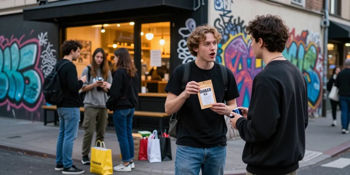 Buy Diablo K2 spray on paper in an urban shopping scene with vibrant street art and friends.