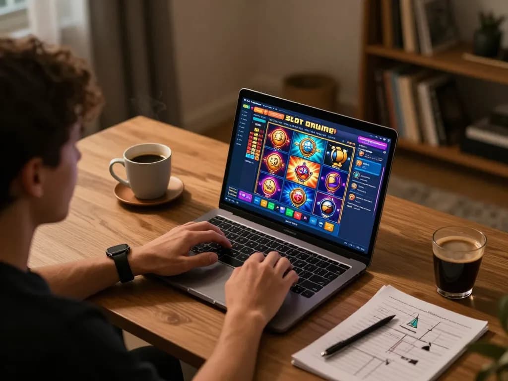 Player engaging in Slot Online gameplay on their laptop, showcasing immersive graphics and exciting gameplay elements.
