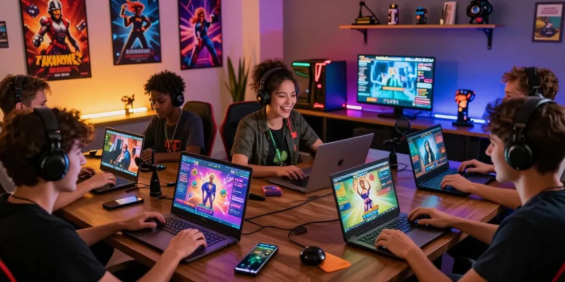 Engaged players enjoying a variety of sex games on multiple devices in a vibrant gaming setting.