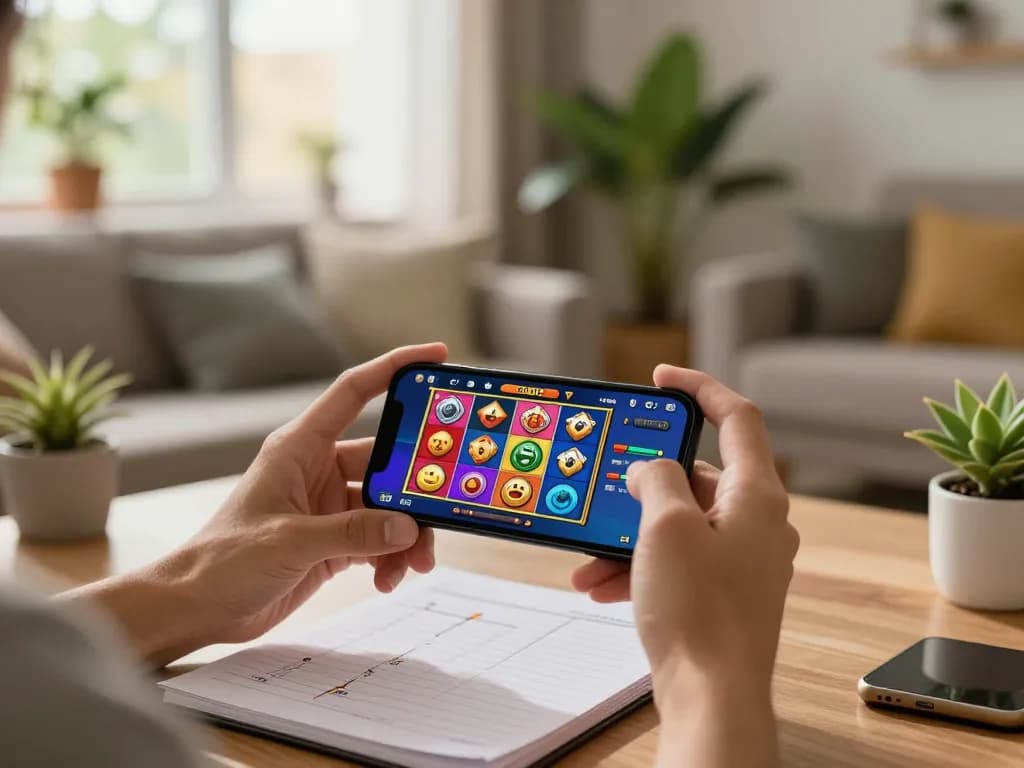 situs slot gaming on mobile phone in cozy living room environment