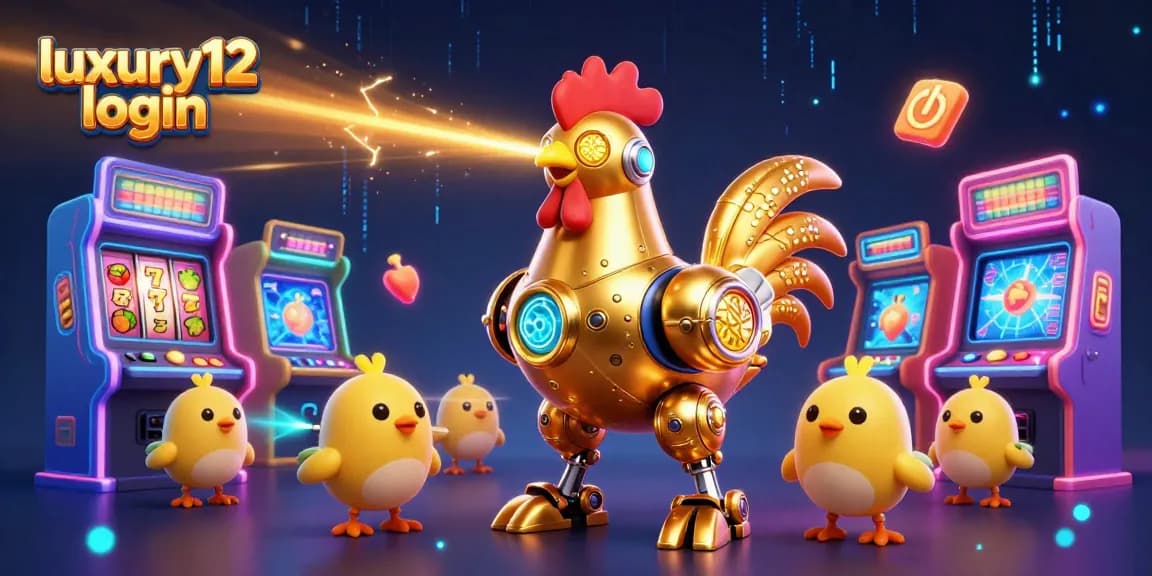 Engage with luxury12 login for vibrant casino gaming, featuring a golden rooster and slot elements.