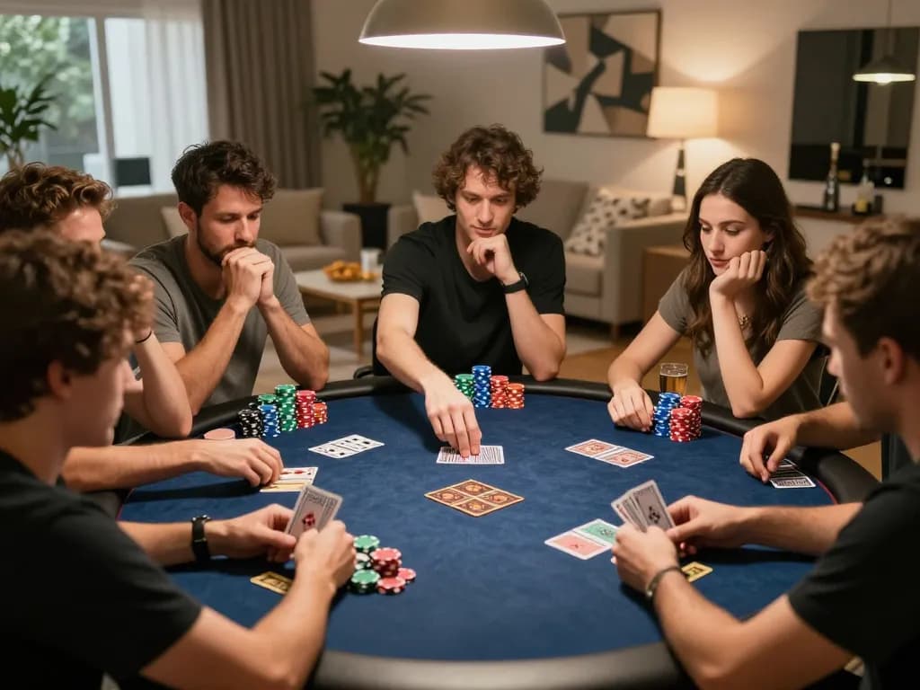 Players enjoying a friendly poker game at home while strategizing with 8kbetbh