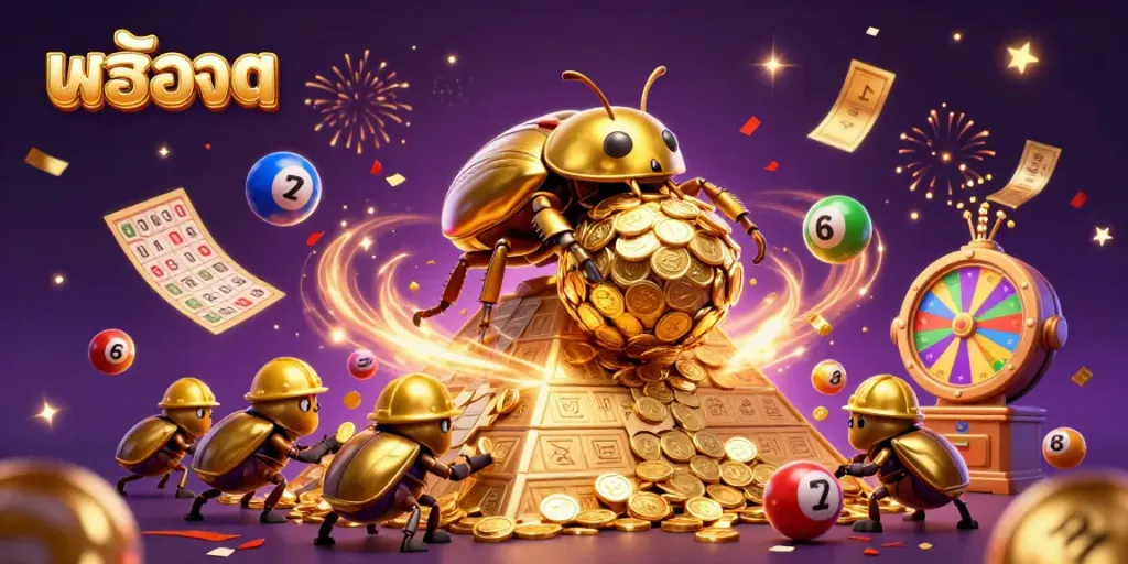 Generate excitement with สล็อต features in a vibrant 3D casino scene filled with golden coins and lottery elements.
