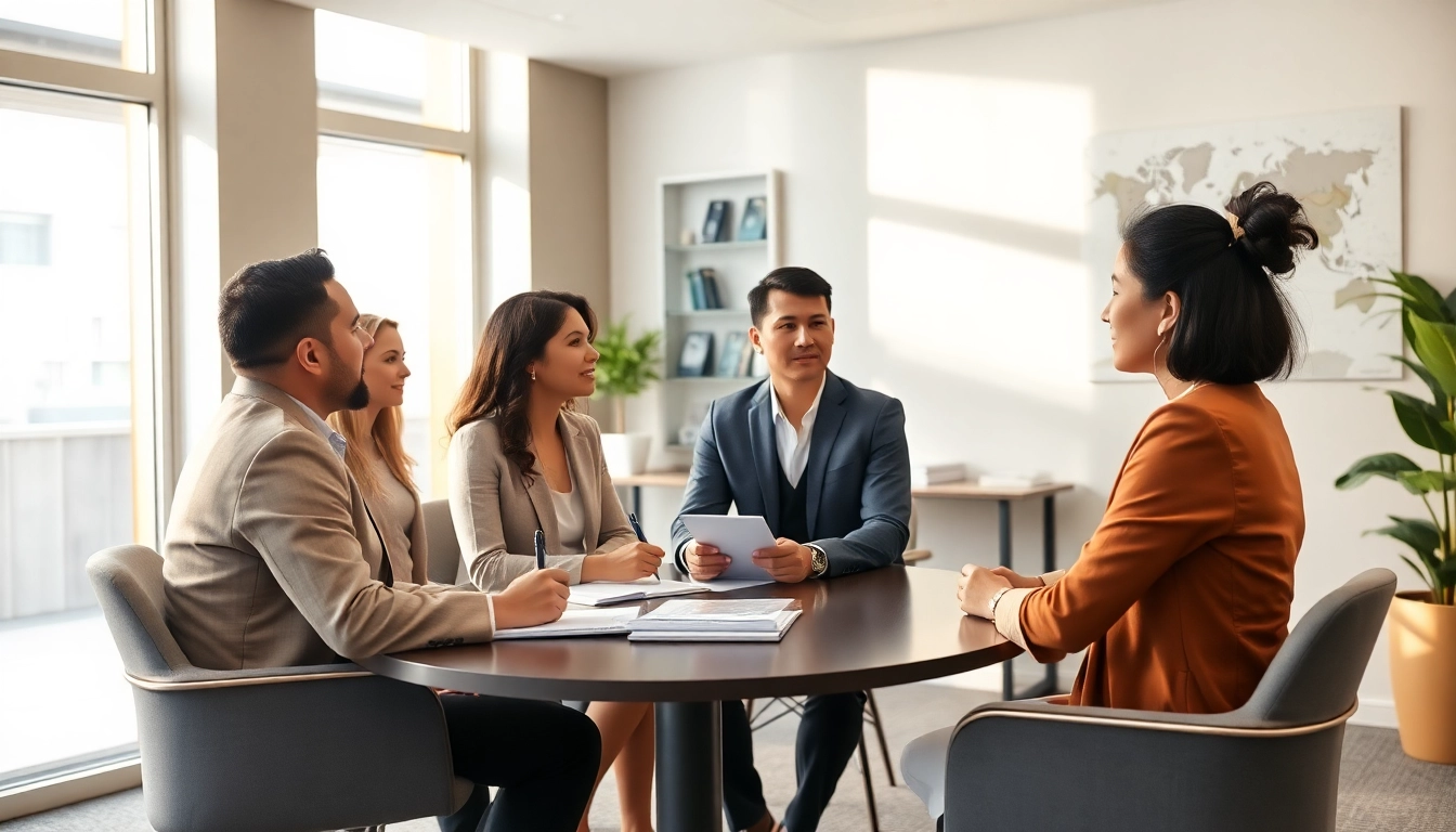 Friendly migration agent Melbourne office with diverse team consulting clients.