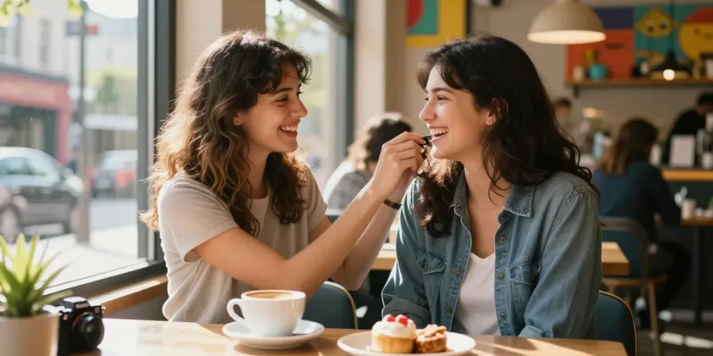 Intimate moment of two women sharing laughter over coffee, representing lesbian porn themes.