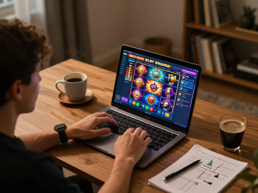 Player engaging in Slot Online gameplay on their laptop, showcasing immersive graphics and exciting gameplay elements.