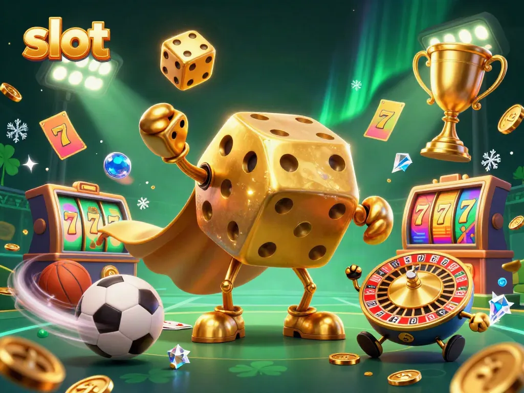 Slot yang menarik dengan karakter dadu emas dan elemen permainan kasino lainnya.