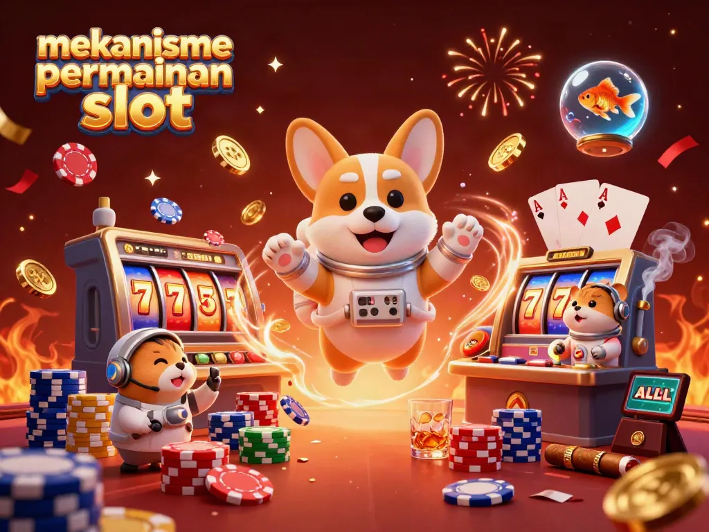 Ilustrasi korgi astronaut dalam antariksa menggambarkan mekanisme permainan slot dengan simbol jackpot berkilauan.
