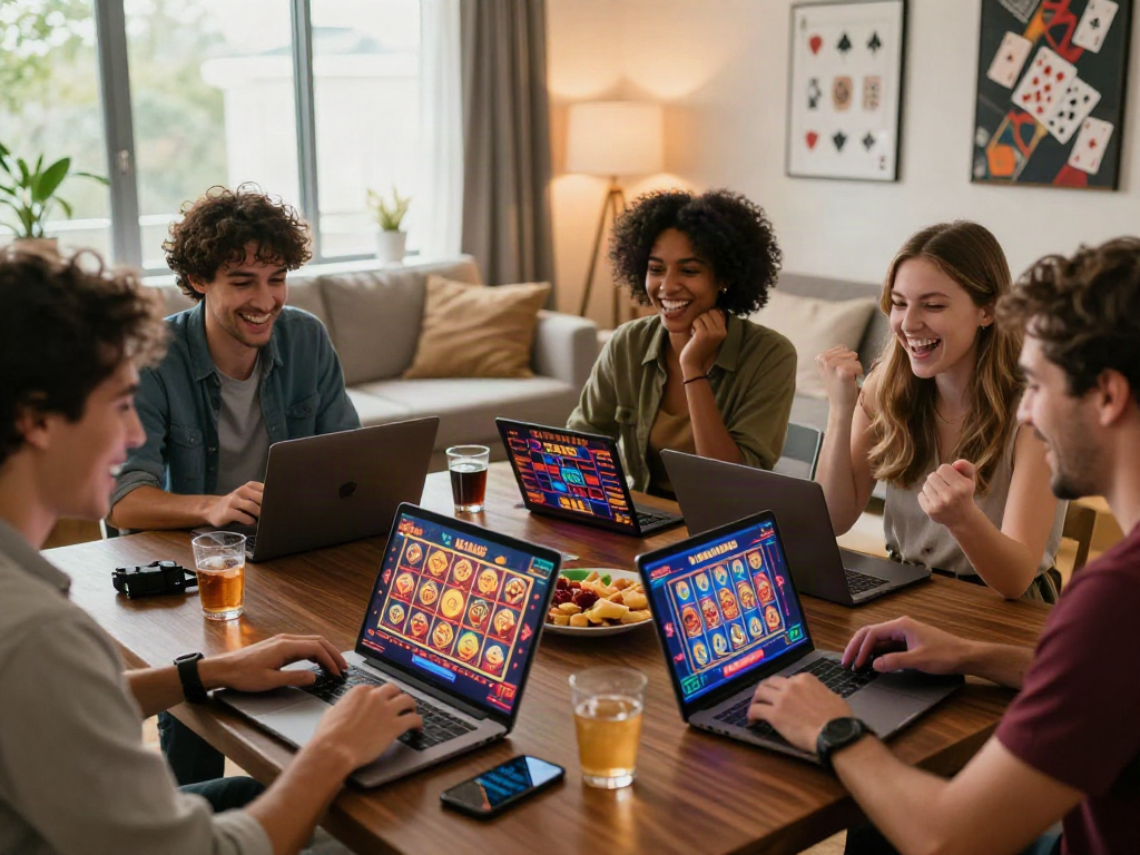 Exciting casino online gaming experience with friends sharing laughter over games like blackjack and slots.