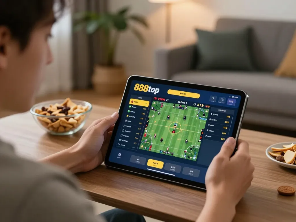 Betting on live sports with 888top app in a cozy home setting, emphasizing strategic gameplay