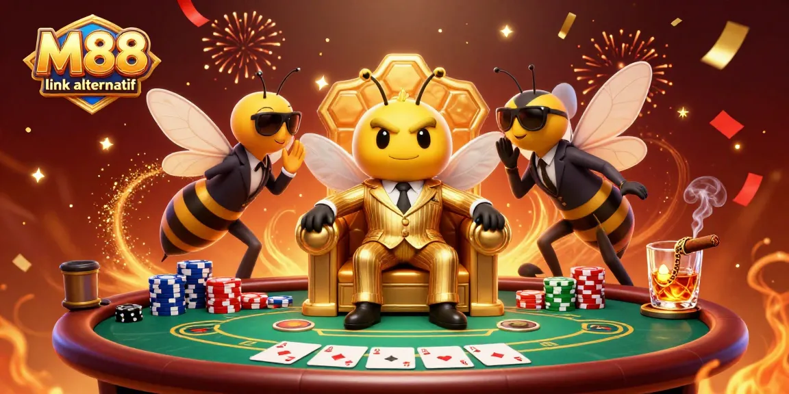 Experience gaming excitement with M88 link alternatif surrounded by vibrant casino elements in a dynamic scene.
